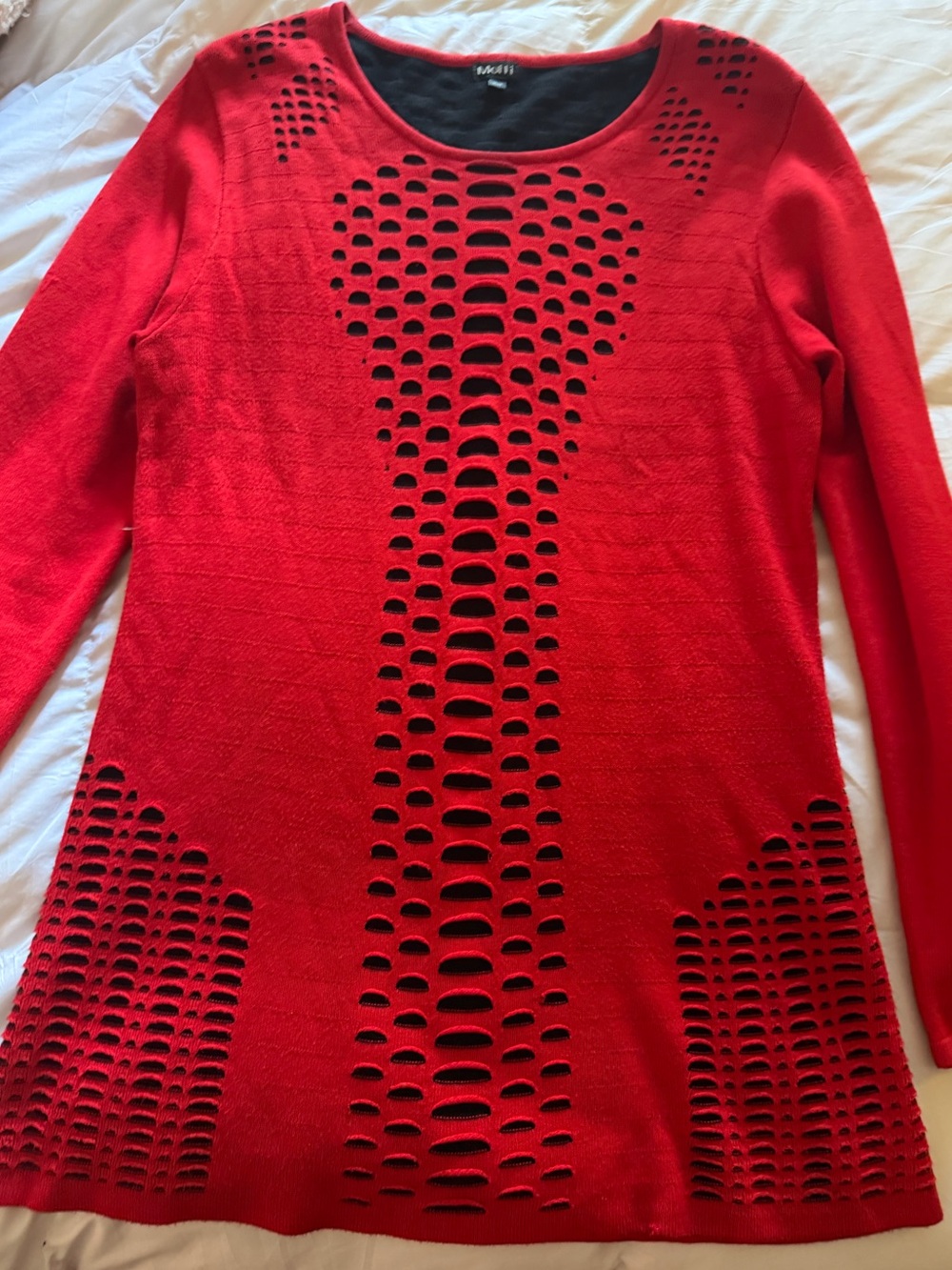 Vintage Moffi International Long Sleeve Perforated Mini Knit Dress ~ red/ black